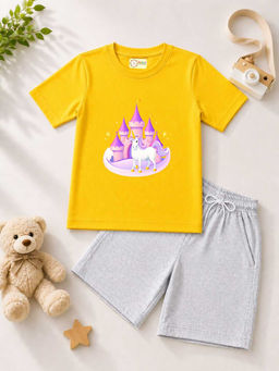 MALKIAT - Kids Yellow Pure Cotton Graphic Printed T-shirt and Shorts