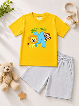 MALKIAT - Kids Yellow Pure Cotton Graphic Printed T-shirt and Shorts