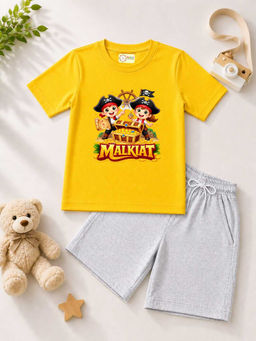 MALKIAT - Kids Yellow Pure Cotton Graphic Printed T-shirt and Shorts