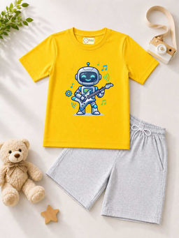 MALKIAT - Kids Yellow Pure Cotton Graphic Printed T-shirt and Shorts