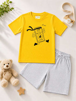 MALKIAT - Kids Yellow Pure Cotton Graphic Printed T-shirt and Shorts