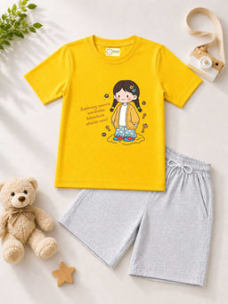 MALKIAT - Kids Yellow Pure Cotton Graphic Printed T-shirt and Shorts