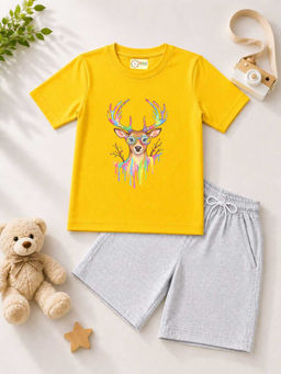 MALKIAT - Kids Yellow Pure Cotton Graphic Printed T-shirt and Shorts