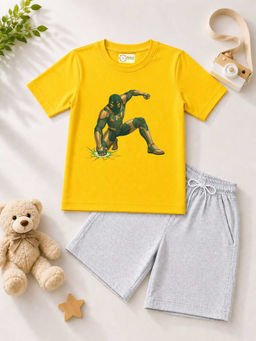 MALKIAT - Kids Yellow Pure Cotton Graphic Printed T-shirt and Shorts