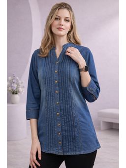 TULSATTVA - Blue Denim Pin Tucks And Lace Shirt