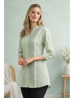 TULSATTVA - Pista Green Pin Tucks And Lace Shirt