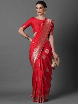 Odette - Red Festive Silk Blend Woven Design Saree with Unstitched Blouse