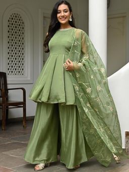 Lavanya The Label - Pista Green Silk Kurta Palazzo (Set of 3)