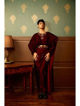 REETI ARNEJA - Maroon Sangria Velvet Drape Skirt with Bolero (Set of 2)