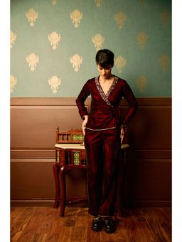 REETI ARNEJA - Maroon Sangria Velvet Front Tie Knot Jumpsuit