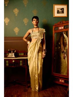 REETI ARNEJA - Pastel Beige Bloom Pre-Drape Saree with Stitched Blouse