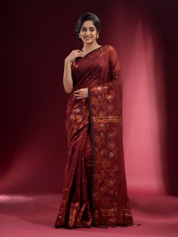 CHARUKRITI - Cinnamon Brown with Floral Zari Design Saree with Unstitched Blouse
