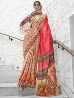 Akhilam - Womens Crepe Beige Digital Print Celebrity Saree with Unstitched Blouse