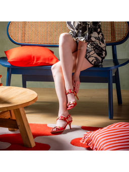 Saint G - Gold Metal SeaShell and Star Studded Goji Red Leather Stiletto Heels