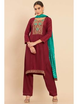Soch - Maroon Art Silk Embroidered Dress Material with Turquoise Dupatta (Set of 3)