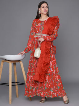 Heeposh - Red Zari Embroidered Flared Kurta with Dupatta & An Embellished Belt (Set of 3)