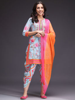 Heeposh - Blue Printed Kurti & Dhoti with Chiffon Dupatta (Set of 3)