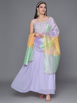 Heeposh - Lavender Flared Heavy Handwork Georgette Dress with Organza Dupatta (Set of 2)