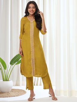 Heeposh - Mustard Embroidered Straight Kurta & Pant (Set of 2)