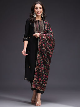 Heeposh - Black Embroidered Kurta & Pant with Organza Printed Dupatta (Set of 3)