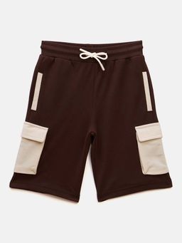 Blue Giraffe - Boys Brown Solid Regular Fit Mid Rise Stretchable Cargo Sweat Shorts