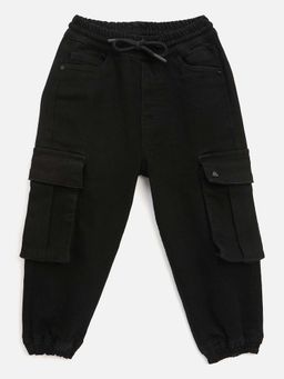 Blue Giraffe - Boys Black Solid Mid Rise Stretchable Cargo Joggers