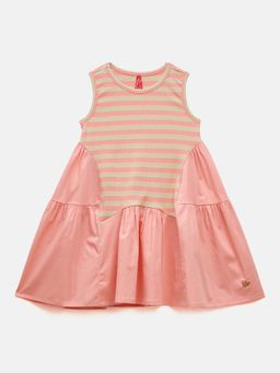 Blue Giraffe - Girls Pink Horizontal Stripes Round Neck Fit & Flare Tiered Dress