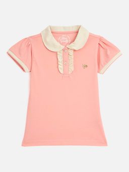 Blue Giraffe - Girls Pink Solid Contrast Collar Regular Fit Polo T-shirt