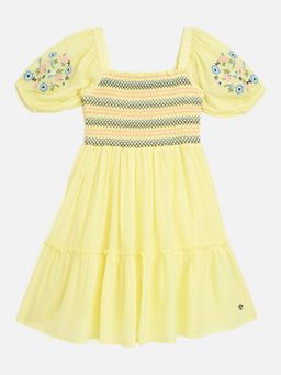 Blue Giraffe - Girls Yellow Embroidered Square Neck Fit & Flare Tiered Dress