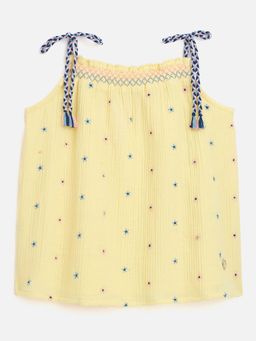 Blue Giraffe - Girls Yellow Embroidered Square Neck Regular Fit Top