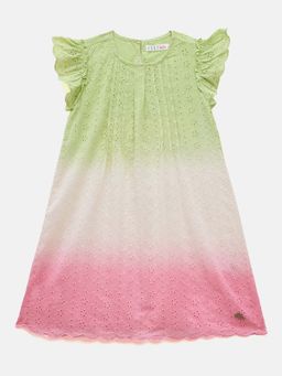 ELLE - Girls Multi-Color Ombre Schiffli Round Neck A-Line Ruffle Dress