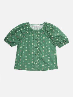 ELLE - Girls Green Floral Round Neck Relaxed Fit Scalloped Placket Regular Top
