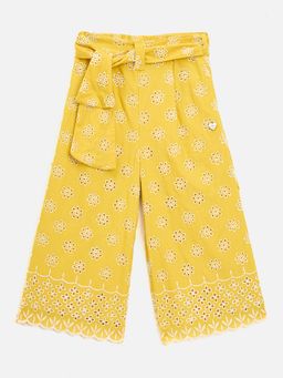 ELLE - Girls Yellow Embroidered Wide Leg Mid Rise Pants with Belt (Set of 2)