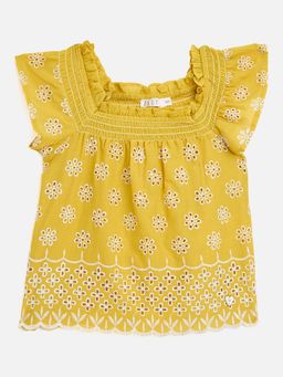 ELLE - Girls Yellow Smocking Schiffli Embroidered Square Neck Relaxed Fit Regular Top
