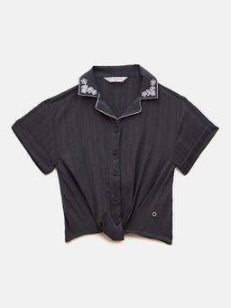 ELLE - Girls Black Textured Resort Embroidered Collar Boxy Fit Shirt