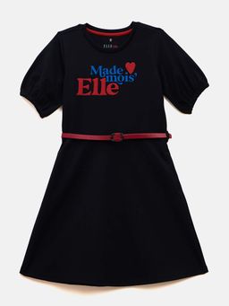 ELLE - Girls Black Typography Round Neck Fit & Flare A-Line Dress with Belt (Set of 2)