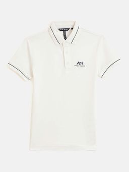Antony Morato - Boys Cream Solid Collared Neck Regular Fit Stretchable Polo T-Shirt