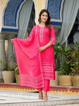 Juniper - Pink Ethnic Motif Printed Liva Rayon Kurta with Pant & Dupatta (Set of 3)