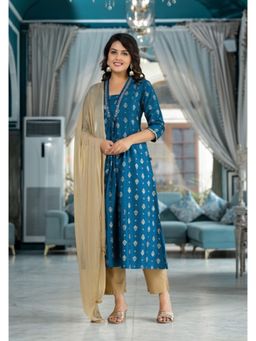 Juniper - Blue Ethnic Motif Printed Polycotton Kurta with Pant & Dupatta (Set of 3)