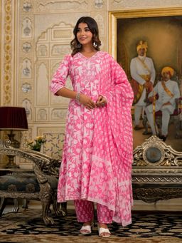 Juniper - Pink Floral Printed Liva Rayon Kurta with Pant & Dupatta (Set of 3)