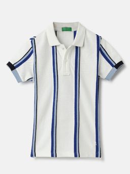 United Colors of Benetton - Regular Fit Polo Neck Striped White T-Shirt