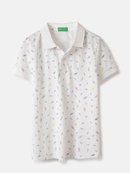 United Colors of Benetton - Regular Fit Polo Neck Printed Off White T-Shirt