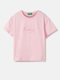 United Colors of Benetton - Regular Fit Round Neck Embroidered Pink T-Shirt