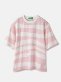 United Colors of Benetton - Boxy Fit Round Neck Striped Pink T-Shirt