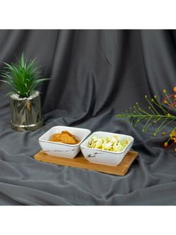 EZ Life - Dyna Marbled 2 Ceramic Serving Bowl Set on Wooden Tray Gold & White