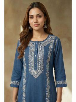 PANCHRANGA - Blue Azure Noor Chikankari Cotton Slub Kurta with Pant