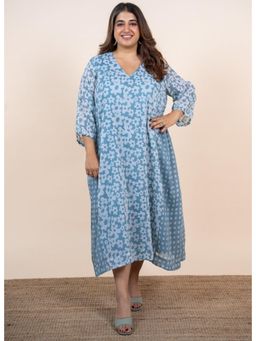 The Indian Ethnic Co. - Ayesha Blue Batik Mulmul A Line Dress