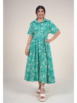 The Indian Ethnic Co. - Preeti Emerald Green Printed Floral Cotton A Line Dress