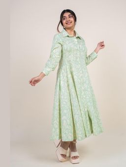 The Indian Ethnic Co. - Ruma Mint Green Printed Cotton A Line Dress
