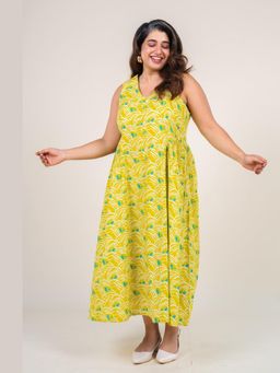 The Indian Ethnic Co. - Navira Lime Yellow Printed Cotton A Line Dress